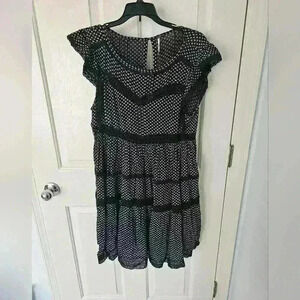 Free People Mini Dress Womens Black White Floral Lace Cap Sleeve Prairie Size XS